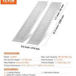 VEVOR Portable Loading Ramps, 2 Pcs 47.2 x 8.5 in, Durable Aluminum Shed Ramp Set with Anti-Slip Holes, Compact Design and Easy Storage, 880 Lbs Weight Capacity, for ATV, Tractors, Lawn Mowers, Carts