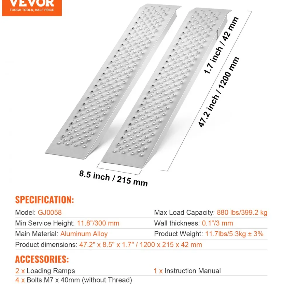 VEVOR Portable Loading Ramps, 2 Pcs 47.2 x 8.5 in, Durable Aluminum Shed Ramp Set with Anti-Slip Holes, Compact Design and Easy Storage, 880 Lbs Weight Capacity, for ATV, Tractors, Lawn Mowers, Carts