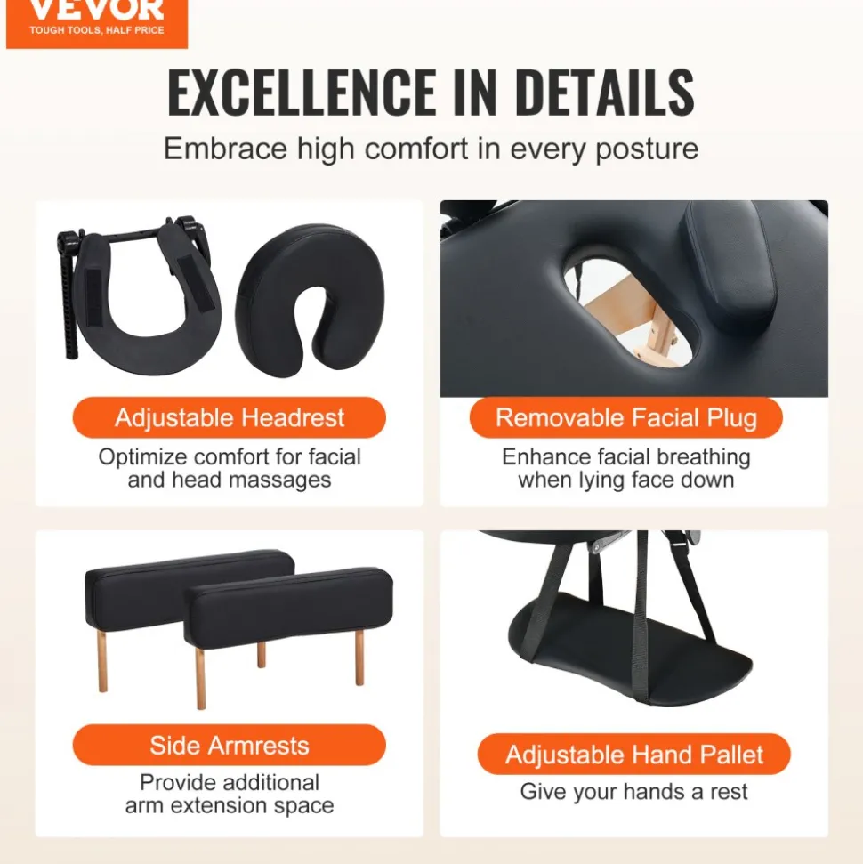 VEVOR Portable Massage Table 28" W, 2 Folding Lightweight Massage Table, 8-Level Height Adjustable Salon Tattoo Bed, Spa Table with Headrest, Armrests, Hand Pallet & Carrying Bag, 600LBS