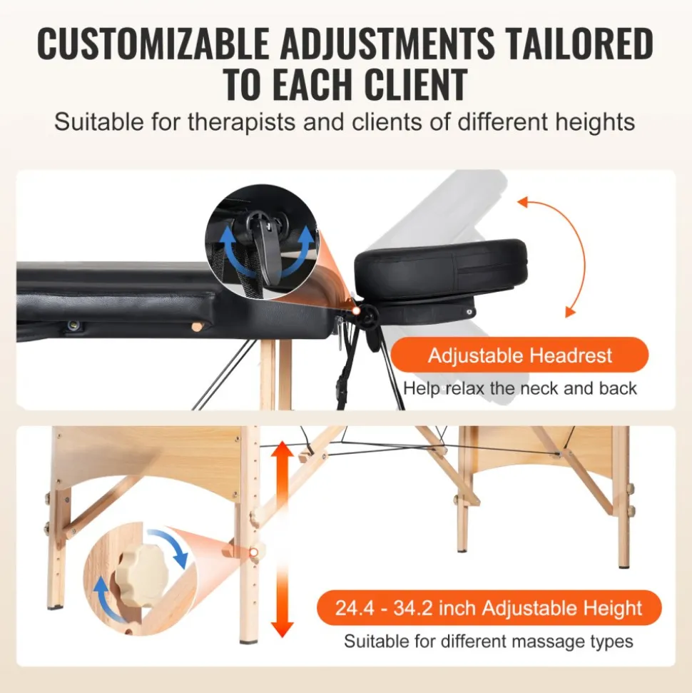 VEVOR Portable Massage Table 28" W, 2 Folding Lightweight Massage Table, 8-Level Height Adjustable Salon Tattoo Bed, Spa Table with Headrest, Armrests, Hand Pallet & Carrying Bag, 600LBS