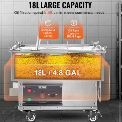 VEVOR Portable Oil Filtering Unit, 18L Capacity, 10 L/min Filtering Speed, Equipped with Swivel Casters and Oil Hose, Ideal for Fast Food Venues