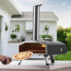 VEVOR Portable Outdoor Oven, 12-inch Pizza Oven, Pellet & Chips & Charcoal Tri-Fuel, Iron Spray Pizza Grill, Includes 210° Rotatable Pizza Stone, Scoop, Ideal for Camping & Backyard, Black