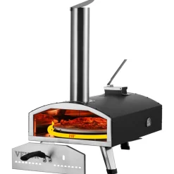 VEVOR Portable Outdoor Oven, 12-inch Pizza Oven, Pellet & Chips & Charcoal Tri-Fuel, Iron Spray Pizza Grill, Includes 210° Rotatable Pizza Stone, Scoop, Ideal for Camping & Backyard, Black