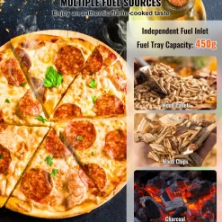 VEVOR Portable Outdoor Oven, 12-inch Pizza Oven, Pellet & Chips & Charcoal Tri-Fuel, Iron Spray Pizza Grill, Includes 210° Rotatable Pizza Stone, Scoop, Ideal for Camping & Backyard, Black