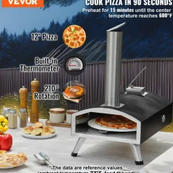 VEVOR Portable Outdoor Oven, 12-inch Pizza Oven, Pellet & Chips & Charcoal Tri-Fuel, Iron Spray Pizza Grill, Includes 210° Rotatable Pizza Stone, Scoop, Ideal for Camping & Backyard, Black