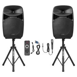 VEVOR Portable PA System, 2000W (PMPO) Powered, Sound System Set with 3 Channel Mixer, Dual Speakers, Wireless Bluetooth, Microphone, Compact Stands, USB & SD Inputs, Remote Control, for DJs Events