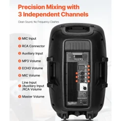 VEVOR Portable PA System, 2000W (PMPO) Powered, Sound System Set with 3 Channel Mixer, Dual Speakers, Wireless Bluetooth, Microphone, Compact Stands, USB & SD Inputs, Remote Control, for DJs Events