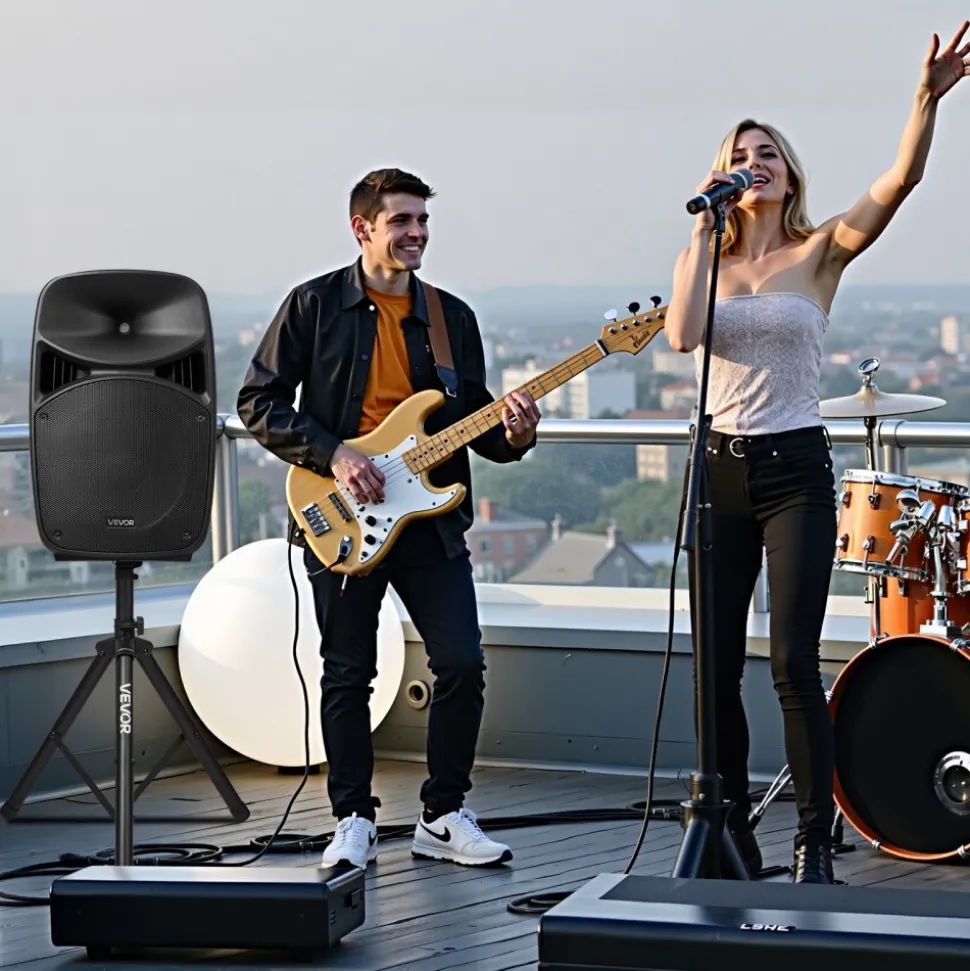 VEVOR Portable PA System, 2000W (PMPO) Powered, Sound System Set with 3 Channel Mixer, Dual Speakers, Wireless Bluetooth, Microphone, Compact Stands, USB & SD Inputs, Remote Control, for DJs Events