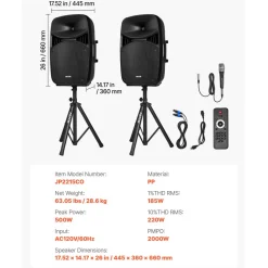 VEVOR Portable PA System, 2000W (PMPO) Powered, Sound System Set with 3 Channel Mixer, Dual Speakers, Wireless Bluetooth, Microphone, Compact Stands, USB & SD Inputs, Remote Control, for DJs Events