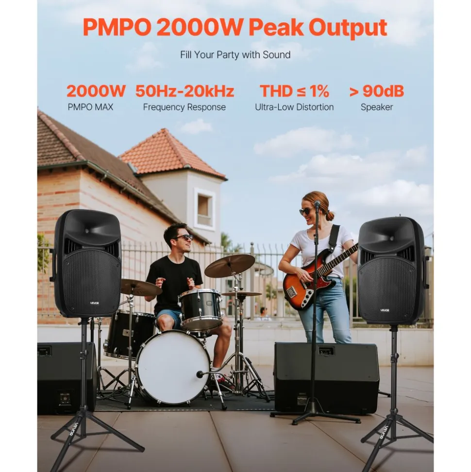 VEVOR Portable PA System, 2000W (PMPO) Powered, Sound System Set with 3 Channel Mixer, Dual Speakers, Wireless Bluetooth, Microphone, Compact Stands, USB & SD Inputs, Remote Control, for DJs Events