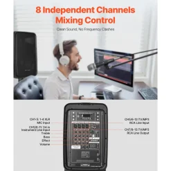 VEVOR Portable PA System, 300W Powered, Sound System Set with 8 Channel Mixer, Dual Speakers, Wireless Bluetooth, Microphone, Compact Stands, USB SD XLR RCA Inputs, Remote Control, for DJs Events