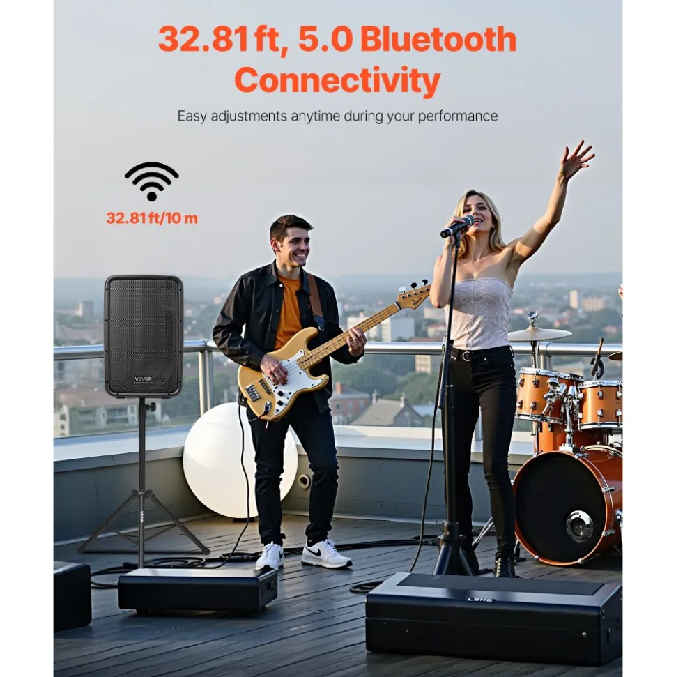 VEVOR Portable PA System, 300W Powered, Sound System Set with 8 Channel Mixer, Dual Speakers, Wireless Bluetooth, Microphone, Compact Stands, USB SD XLR RCA Inputs, Remote Control, for DJs Events