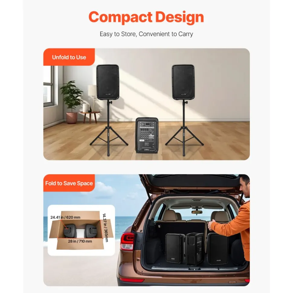 VEVOR Portable PA System, 300W Powered, Sound System Set with 8 Channel Mixer, Dual Speakers, Wireless Bluetooth, Microphone, Compact Stands, USB SD XLR RCA Inputs, Remote Control, for DJs Events