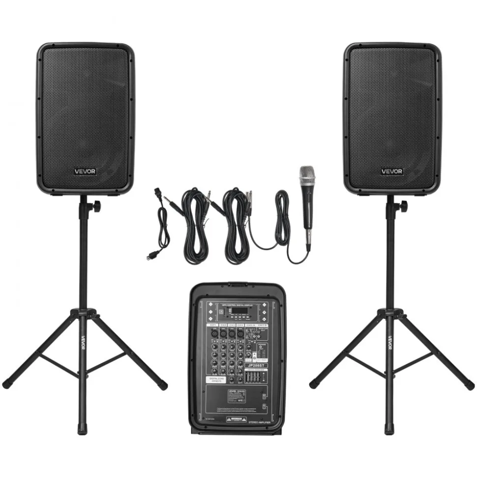 VEVOR Portable PA System, 300W Powered, Sound System Set with 8 Channel Mixer, Dual Speakers, Wireless Bluetooth, Microphone, Compact Stands, USB SD XLR RCA Inputs, Remote Control, for DJs Events