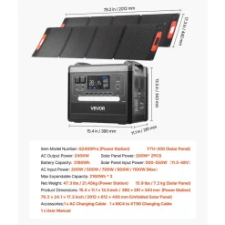VEVOR Portable Power Station, 2400W Portable Solar Generator with 2PCS * 200W Foldable Solar Panels, 2160Wh Expandable LiFePO4 Battery Backup with 10 Output Ports for Home Backup Outdoor Camping RV