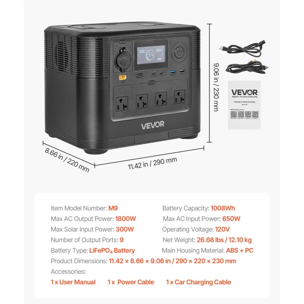 VEVOR Portable Power Station, 1800W Solar Generator Power Station, 1008Wh LiFePO4 Battery Backup with 9 Output Ports for for Home Emergency, Outdoor Camping, RV Travel (Solar Panel NOT Included)