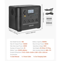 VEVOR Portable Power Station, 1200W Solar Generator Power Station, 806Wh LiFePO4 Battery Backup with 10 Output Ports for Home Emergency, Outdoor Camping, RV Travel (Solar Panel NOT Included)