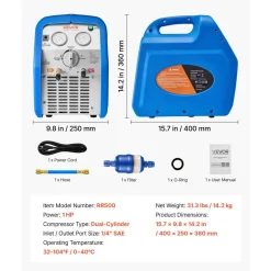 VEVOR Portable Refrigerant Recovery Machine, 1 HP 120V 60Hz Dual Cylinder AC Recovery Machine for Liquid Vapor Refrigerant, 1750 RPM Recycling Unit HVAC for Automotive & Household Air Conditioning