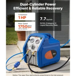 VEVOR Portable Refrigerant Recovery Machine, 1 HP 120V 60Hz Dual Cylinder AC Recovery Machine for Liquid Vapor Refrigerant, 1750 RPM Recycling Unit HVAC for Automotive & Household Air Conditioning