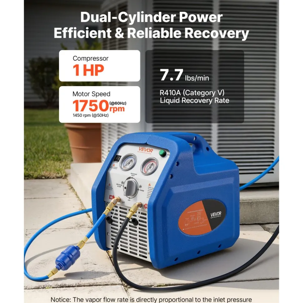 VEVOR Portable Refrigerant Recovery Machine, 1 HP 120V 60Hz Dual Cylinder AC Recovery Machine for Liquid Vapor Refrigerant, 1750 RPM Recycling Unit HVAC for Automotive & Household Air Conditioning