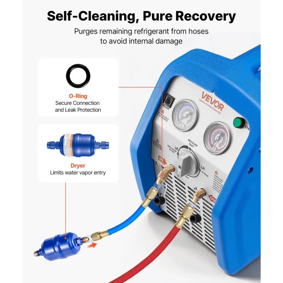 VEVOR Portable Refrigerant Recovery Machine, 1 HP 120V 60Hz Dual Cylinder AC Recovery Machine for Liquid Vapor Refrigerant, 1750 RPM Recycling Unit HVAC for Automotive & Household Air Conditioning