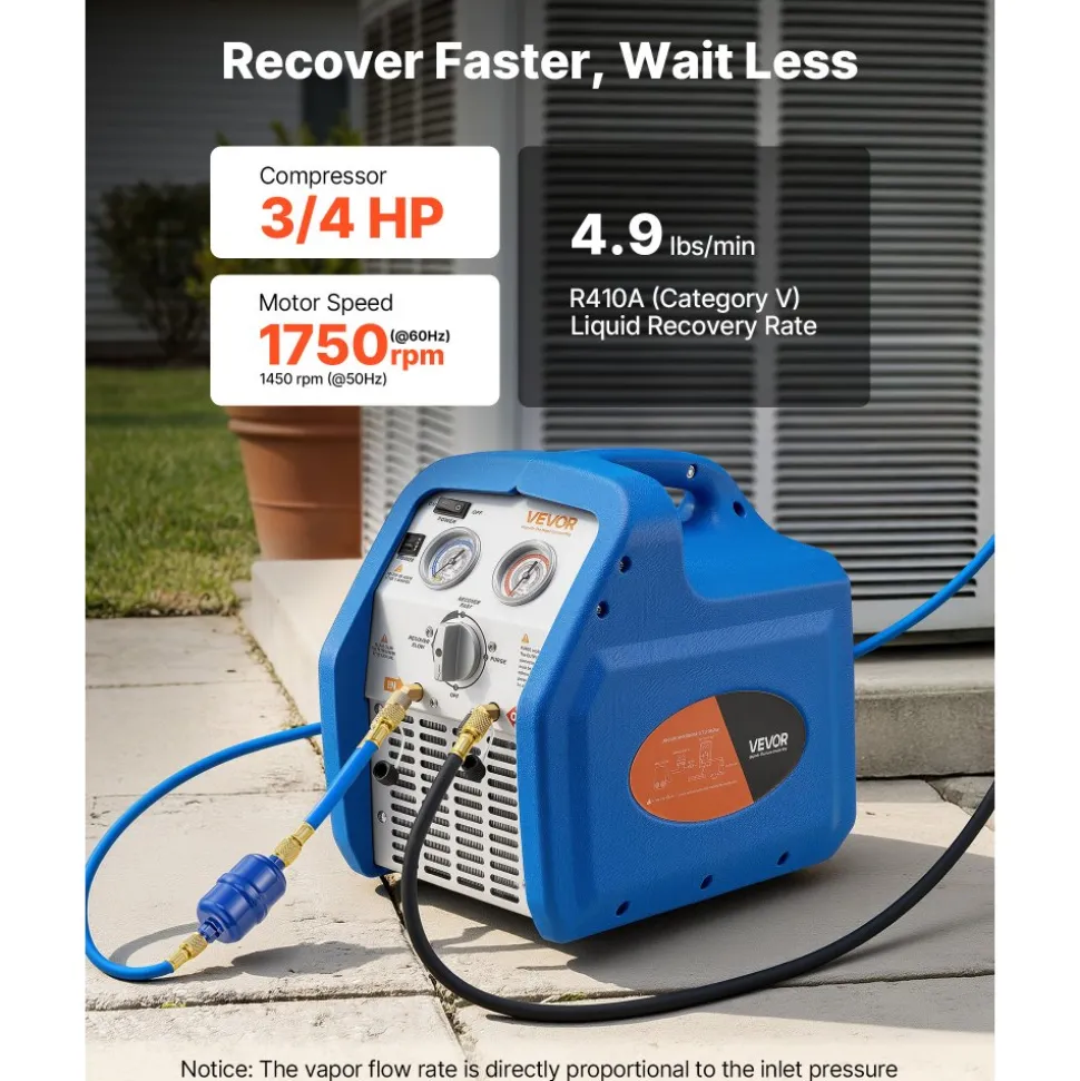 VEVOR Portable Refrigerant Recovery Machine, 3/4 HP 120V 60Hz Single Cylinder AC Recovery Machine for Liquid Vapor Refrigerant, 1750 RPM Recycling Unit HVAC for Automotive & Household Air Conditioning