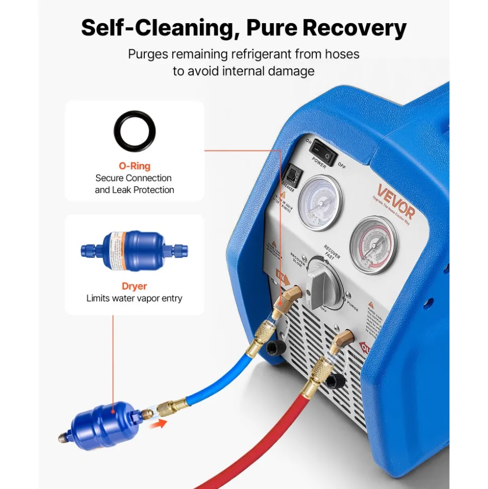 VEVOR Portable Refrigerant Recovery Machine, 3/4 HP 120V 60Hz Single Cylinder AC Recovery Machine for Liquid Vapor Refrigerant, 1750 RPM Recycling Unit HVAC for Automotive & Household Air Conditioning