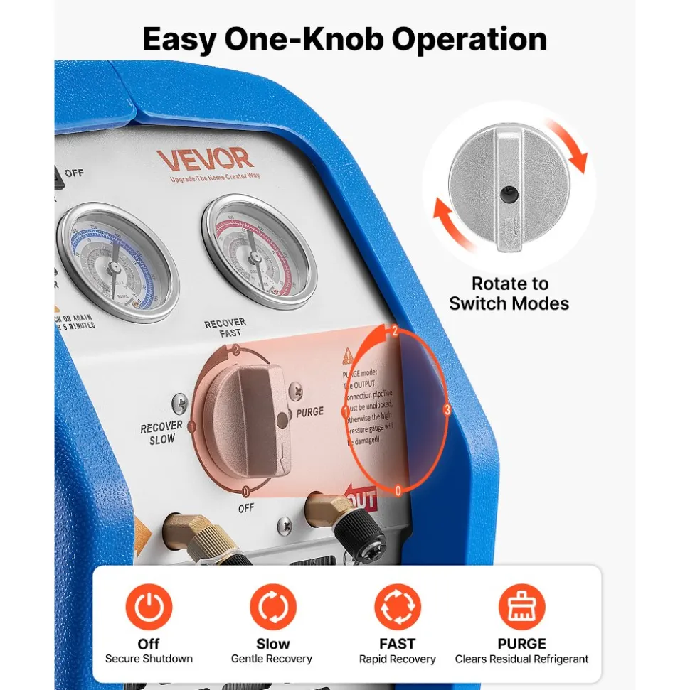 VEVOR Portable Refrigerant Recovery Machine, 3/4 HP 120V 60Hz Single Cylinder AC Recovery Machine for Liquid Vapor Refrigerant, 1750 RPM Recycling Unit HVAC for Automotive & Household Air Conditioning