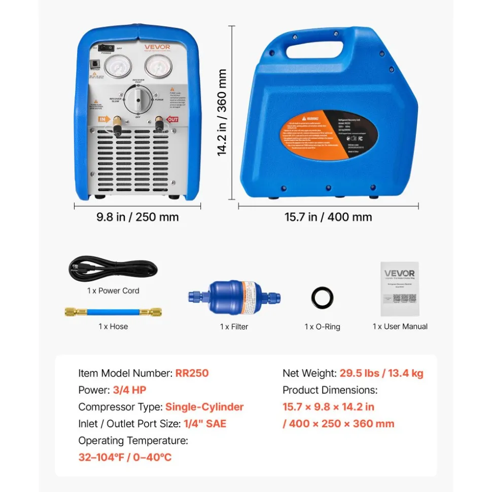 VEVOR Portable Refrigerant Recovery Machine, 3/4 HP 120V 60Hz Single Cylinder AC Recovery Machine for Liquid Vapor Refrigerant, 1750 RPM Recycling Unit HVAC for Automotive & Household Air Conditioning