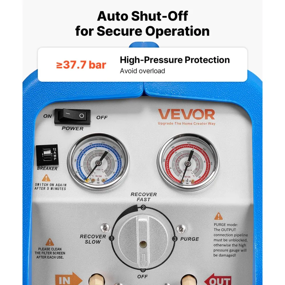 VEVOR Portable Refrigerant Recovery Machine, 3/4 HP 120V 60Hz Single Cylinder AC Recovery Machine for Liquid Vapor Refrigerant, 1750 RPM Recycling Unit HVAC for Automotive & Household Air Conditioning