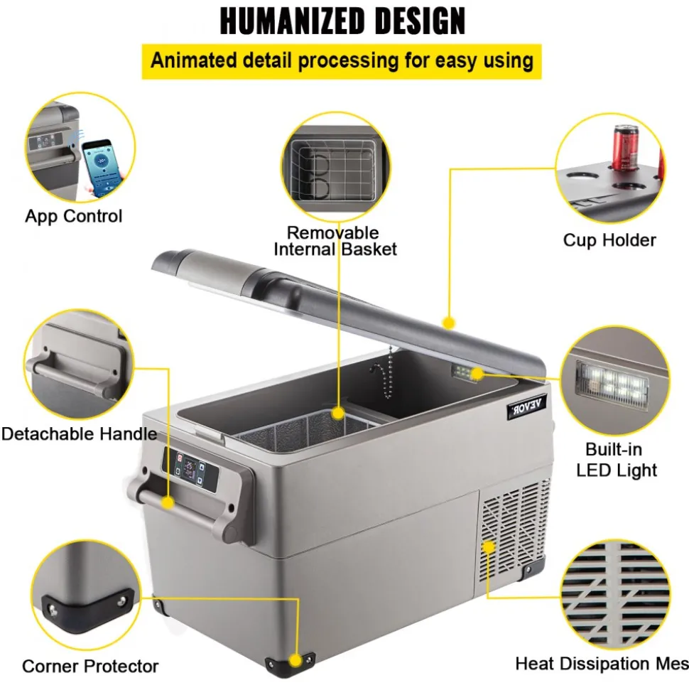 VEVOR Portable Refrigerator 37 Quart(35 Liter),12 Volt Refrigerator App Control(-4℉~68℉), Car Refrigerator Dual Zone with 12/24v DC & 110-240v AC for Camping, Travel, Fishing, Outdoor or Home Use
