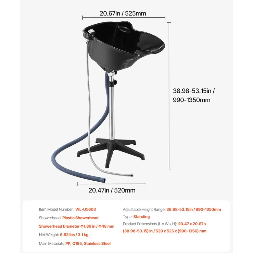 VEVOR Portable Shampoo Bowl, Deep Shampoo Sink with Adjustable Height & Angle, Includes Drain Hose, Shower Head, Lightweight Hair Wash Basin for Barber Salon Spa Center & Home Use, Black