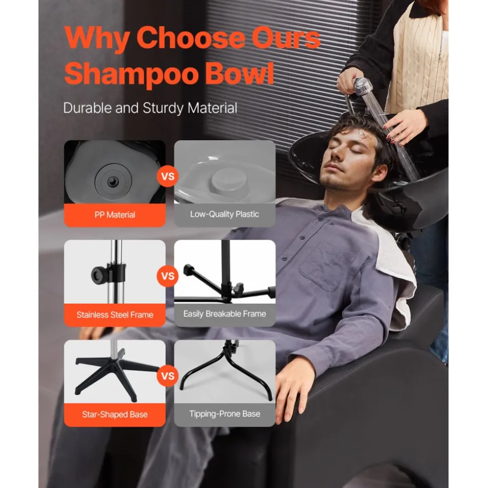 VEVOR Portable Shampoo Bowl, Deep Shampoo Sink with Adjustable Height & Angle, Includes Drain Hose, Shower Head, Lightweight Hair Wash Basin for Barber Salon Spa Center & Home Use, Black