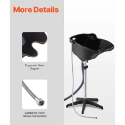 VEVOR Portable Shampoo Bowl, Deep Shampoo Sink with Adjustable Height & Angle, Includes Drain Hose, Shower Head, Lightweight Hair Wash Basin for Barber Salon Spa Center & Home Use, Black