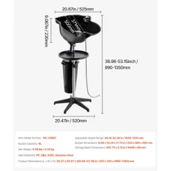 VEVOR Portable Shampoo Bowl, Deep Shampoo Sink with Adjustable Height & Angle, Washing Hair Station Includes Drain Hose, Shower Head and Bucket, Salon Sink for Home & Barber Use, Black