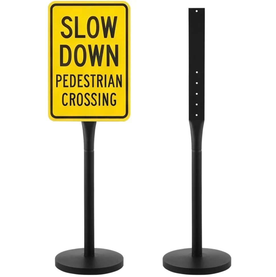 VEVOR Portable Sign Post, 2-Pack, 4 ft Tall, Metal Sign Stands with Heavy Duty Cast Iron Base, Multi-Hole Design for Easy Installation, Wind-Resistant, for Indoor and Outdoor Parking, Warning, Notice
