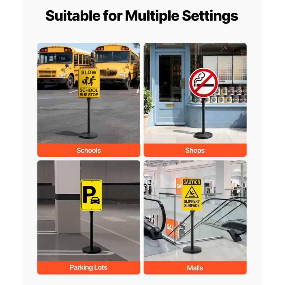 VEVOR Portable Sign Post, 2-Pack, 4 ft Tall, Metal Sign Stands with Heavy Duty Cast Iron Base, Multi-Hole Design for Easy Installation, Wind-Resistant, for Indoor and Outdoor Parking, Warning, Notice