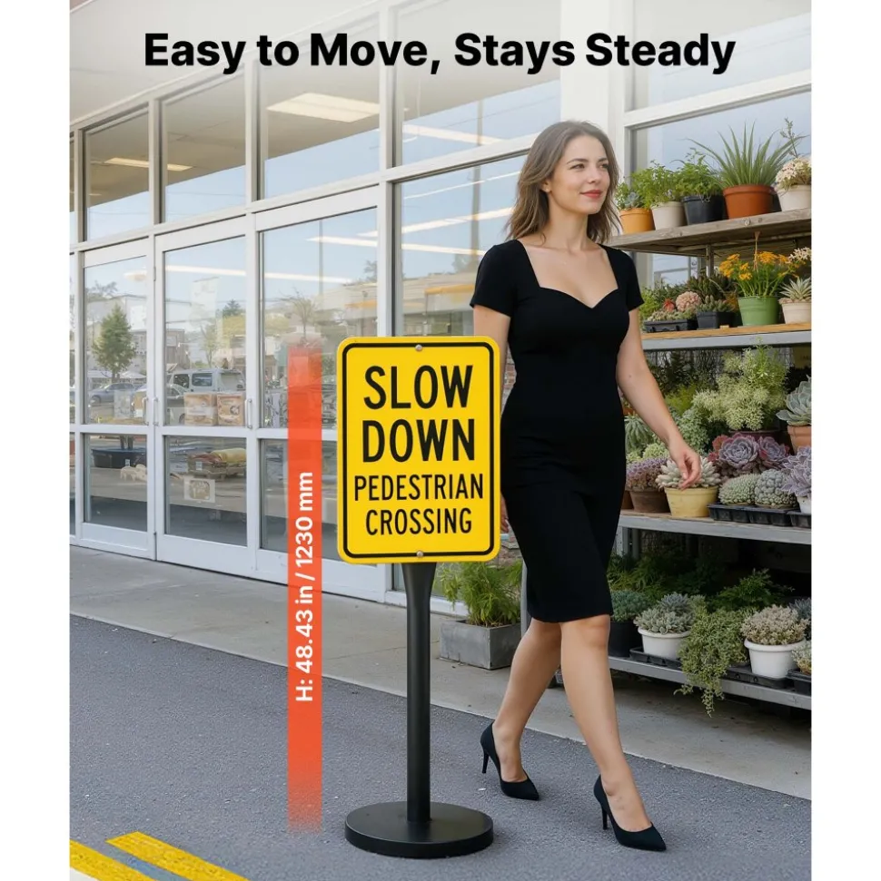 VEVOR Portable Sign Post, 2-Pack, 4 ft Tall, Metal Sign Stands with Heavy Duty Cast Iron Base, Multi-Hole Design for Easy Installation, Wind-Resistant, for Indoor and Outdoor Parking, Warning, Notice