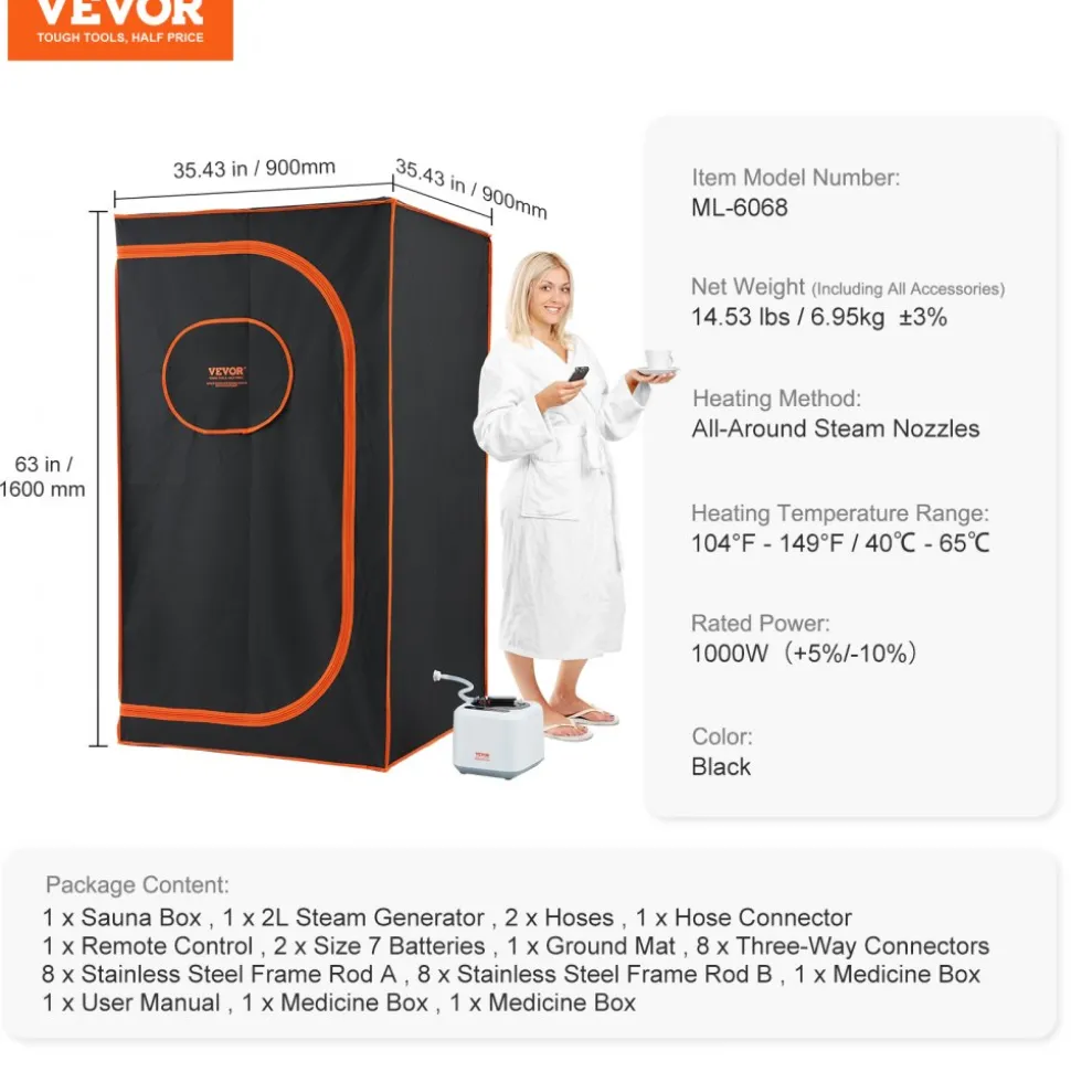 VEVOR Portable Steam Sauna Tent Full Size, 1000W Personal Sauna Blanket Kit for Home Spa, Detoxify & Soothing Heated Body Therapy, Time & Temperature Remote Control With Floor Mat