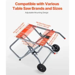 VEVOR Portable Table Saw Stand, 350 lbs Load Capacity, Rolling Foldable Table Saw Table with 8 Inches Rubber Wheels, Heavy Duty Construction, Easy Storage, Universal for Most Brands of Table Saws