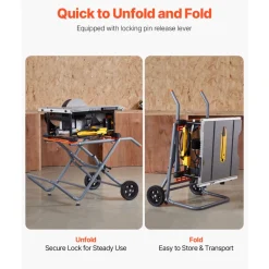 VEVOR Portable Table Saw Stand, 350 lbs Load Capacity, Rolling Foldable Table Saw Table with 8 Inches Rubber Wheels, Heavy Duty Construction, Easy Storage, Universal for Most Brands of Table Saws