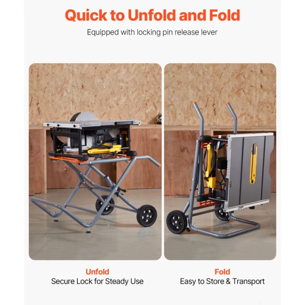VEVOR Portable Table Saw Stand, 350 lbs Load Capacity, Rolling Foldable Table Saw Table with 8 Inches Rubber Wheels, Heavy Duty Construction, Easy Storage, Universal for Most Brands of Table Saws