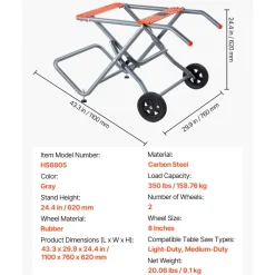 VEVOR Portable Table Saw Stand, 350 lbs Load Capacity, Rolling Foldable Table Saw Table with 8 Inches Rubber Wheels, Heavy Duty Construction, Easy Storage, Universal for Most Brands of Table Saws