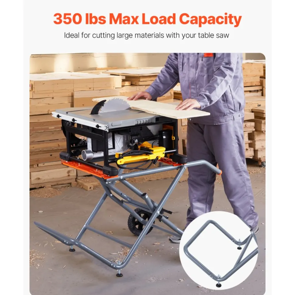 VEVOR Portable Table Saw Stand, 350 lbs Load Capacity, Rolling Foldable Table Saw Table with 8 Inches Rubber Wheels, Heavy Duty Construction, Easy Storage, Universal for Most Brands of Table Saws
