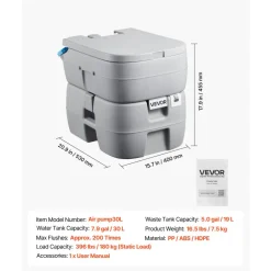 VEVOR Portable Toilet, 7.9 Gallon Detachable Waste Tank, 200 Flushes, Camping Toilet for Adults, Outdoor Travel Potty with Level Indicator, Suitable for RV Travel, Camping, Hiking, Boating and Trips