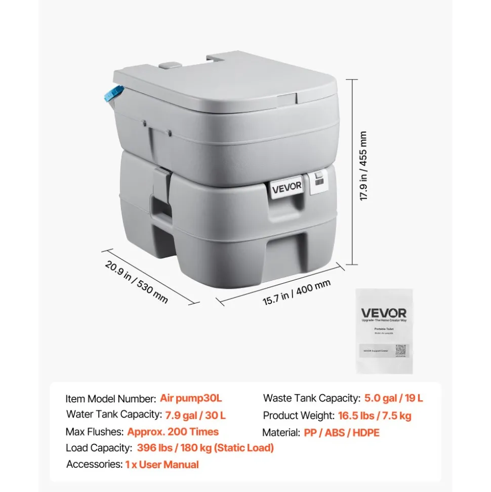 VEVOR Portable Toilet, 7.9 Gallon Detachable Waste Tank, 200 Flushes, Camping Toilet for Adults, Outdoor Travel Potty with Level Indicator, Suitable for RV Travel, Camping, Hiking, Boating and Trips