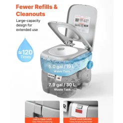 VEVOR Portable Toilet, 7.9 Gallon Detachable Waste Tank, 200 Flushes, Camping Toilet for Adults, Outdoor Travel Potty with Level Indicator, Suitable for RV Travel, Camping, Hiking, Boating and Trips