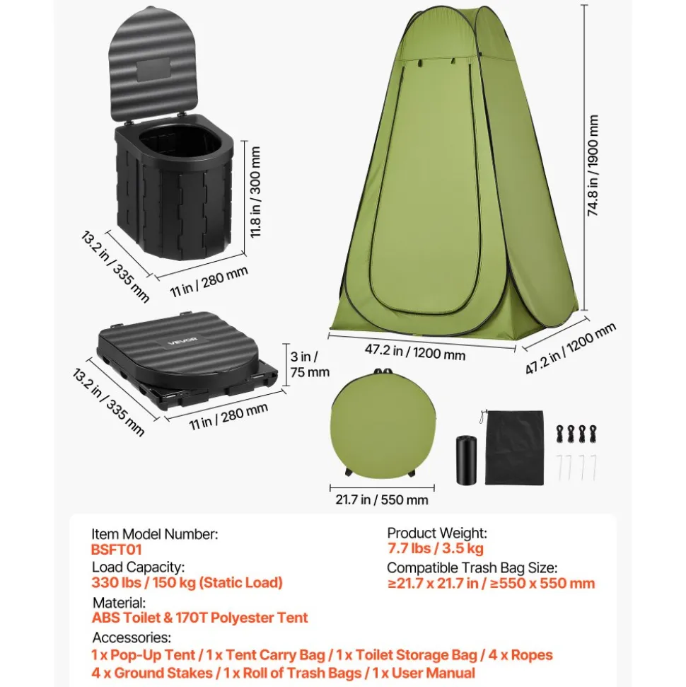 VEVOR Portable Toilet Kit, 330 lbs Load Capacity, Folding Camping Toilet with Pop-Up Privacy Tent, Outdoor Travel Potty for Adults with Carry Bags, Trash Bags, Suitable for RV Travel, Camping, Hiking