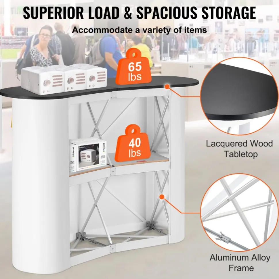 VEVOR Portable Tradeshow Podium Table, 51.18" x 18.31" x 37.4", Display Exhibition Counter Stand Booth Fair with Wall, Foldable Promotion Retail Bar Table Pop Up Podium with Storage Rack, Carrying Bag