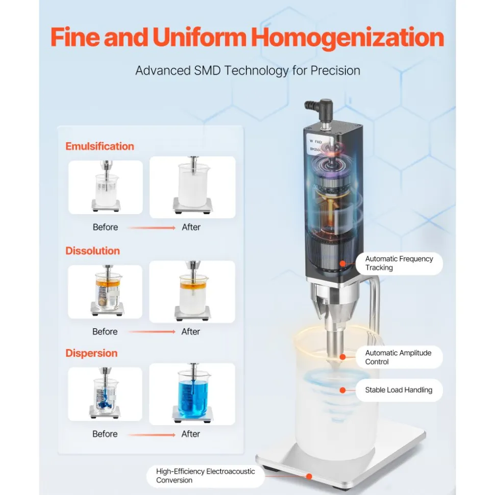 VEVOR Portable Ultrasonic Homogenizer, 0.3 in Titanium Alloy Probe, 30KHz Ultrasonic Frequency, 50-300ml Capacity, Handheld and Desktop Dual Use, Sonicator Processor Cell Disruptor Mixer with Stand